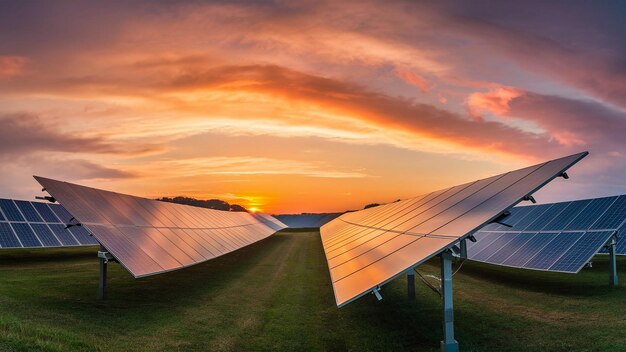 a sunset is behind the solar panels