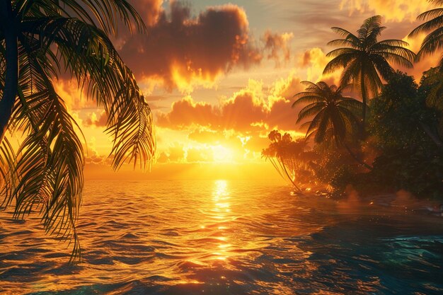 Photo a sunset is on the water with palm trees