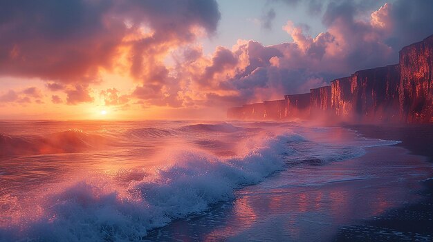 Photo a sunset is over a wave that is on the beach