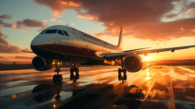 Sunset journey on a commercial airplane taking off into the sky