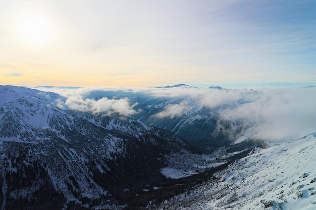 Sunset at Kasprowy Wierch in Zakopane in Tatra Mounts in winter. Kasprowy Wierch is a mountain in Zakopane and is most popular ski area at Poland