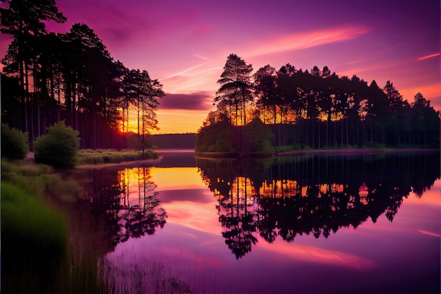 Sunset on the lake. Colorful Sky