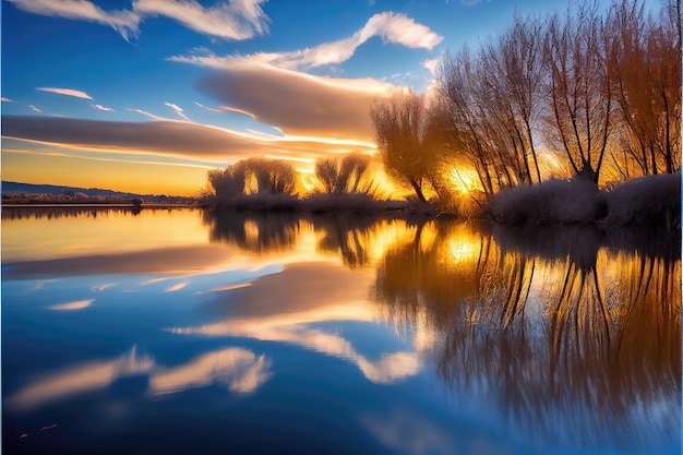 Sunset on the lake. Colorful Sky