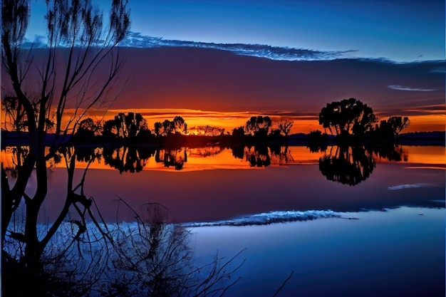 Sunset on the lake. Colorful Sky