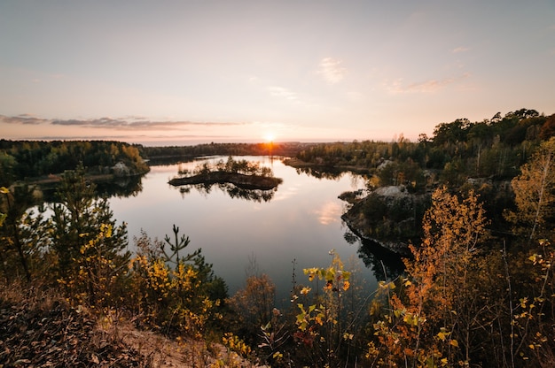 Sunset on lake, landscape.