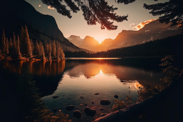 Sunset over a lake in the mountains