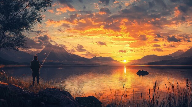 a sunset over a lake with a boat in the foreground