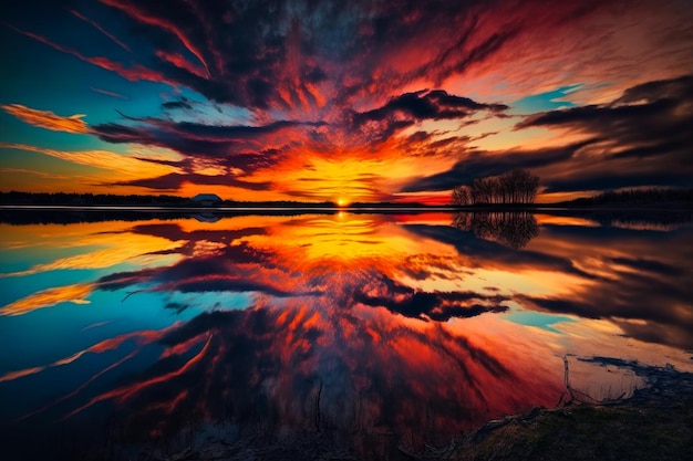 Sunset over lake with clouds in the sky Generative AI