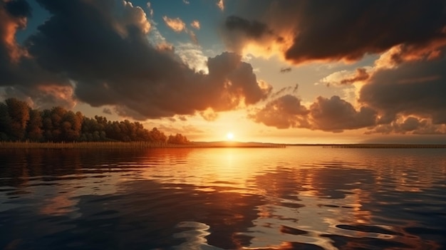 A sunset over a lake with clouds and a sunsetgenerative ai