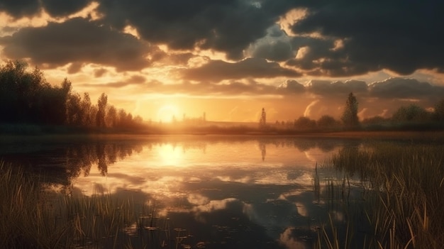 A sunset over a lake with clouds and a sunsetgenerative ai