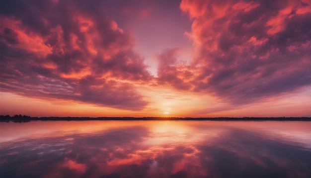 sunset on a lake with clouds and trees in the background