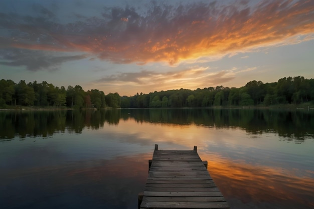 a sunset over a lake with a dock and a dock in the foreground