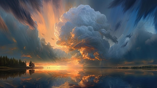 A sunset over a lake with a large cloud