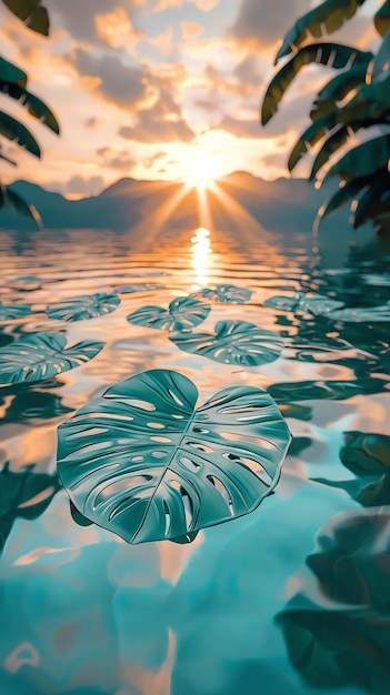 Photo a sunset over a lake with a leaf in the foreground