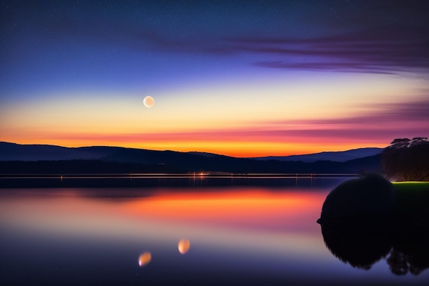 A sunset over a lake with a moon in the sky