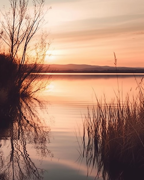 A sunset over a lake with a mountain in the background