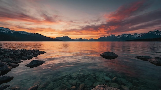 a sunset over a lake with mountains in the background