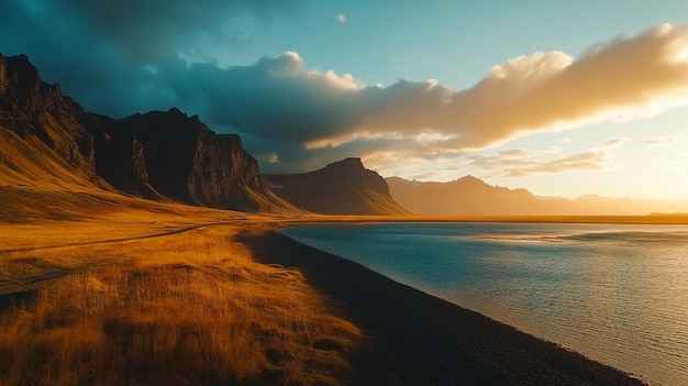 sunset over a lake with mountains in the background