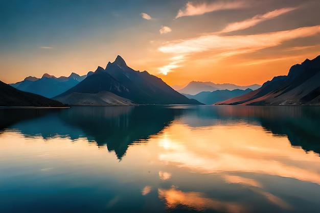 A sunset over a lake with mountains in the background