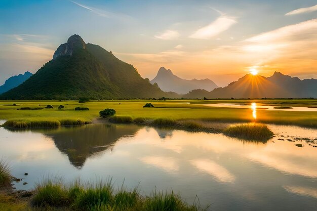 A sunset over a lake with mountains in the background.