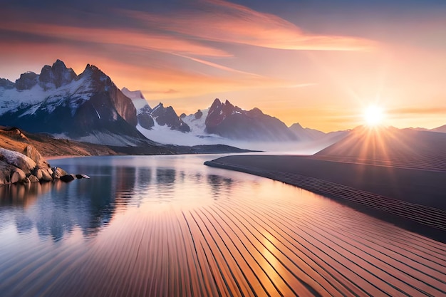 A sunset over a lake with mountains in the background