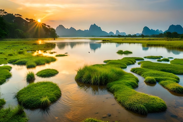 a sunset over a lake with mountains in the background