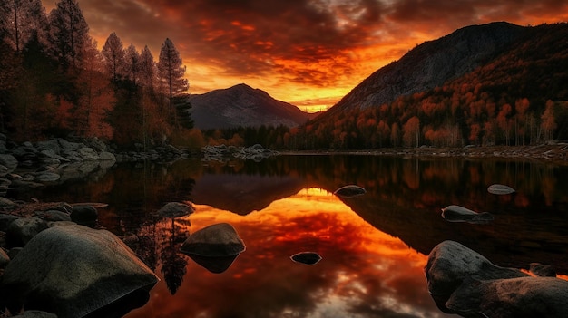 A sunset over a lake with mountains in the background