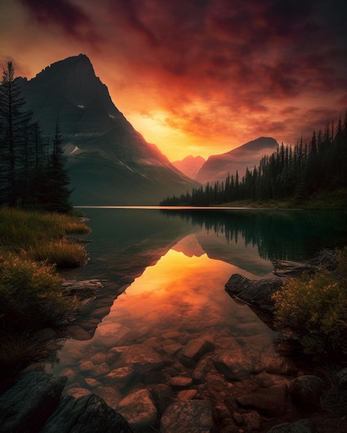 A sunset over a lake with mountains in the background