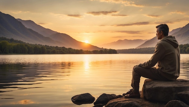 a sunset over a lake with mountains in the background