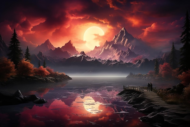 a sunset over a lake with mountains and a sunset