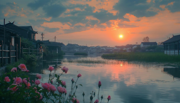 a sunset over a lake with pink flowers in the foreground