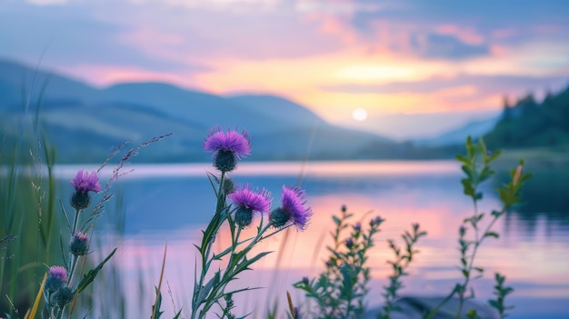 Photo sunset over the lake with purple flowers