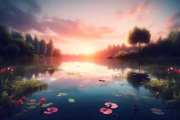 A sunset over a lake with a red flower on the water