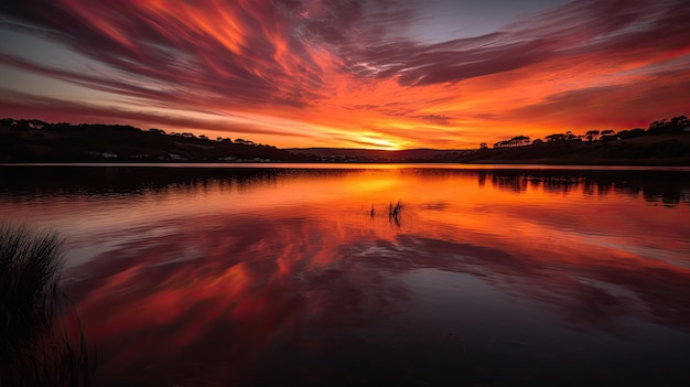 A sunset over a lake with a red sky and clouds