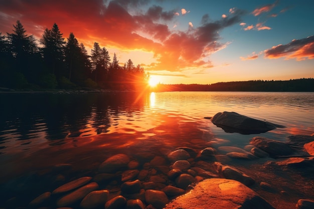 Sunset over Lake with Rocks and Trees