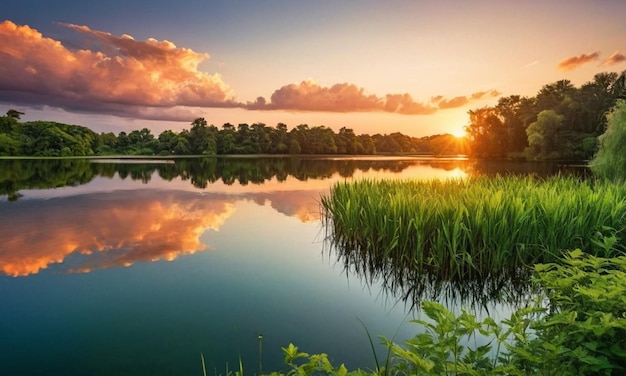 a sunset over a lake with a sunset and trees in the background