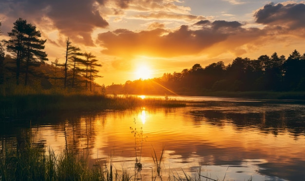 sunset over a lake with trees and clouds