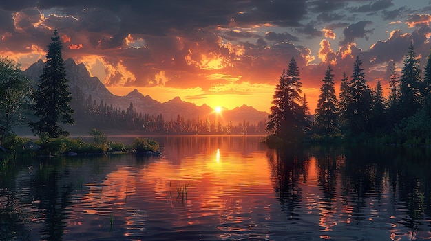 a sunset over a lake with trees and mountains in the background