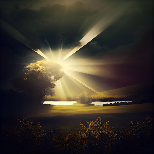 Sunset over the lake with trees and rays of light illustration