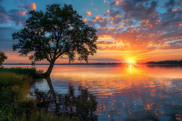 a sunset over a lake with trees and the sun shining through the clouds