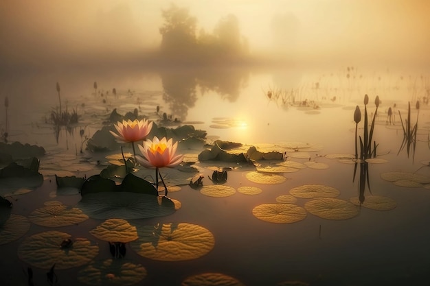 sunset over the lake with water lilly