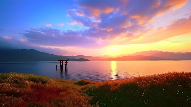 A sunset over a lake with a wooden pier in the foreground.