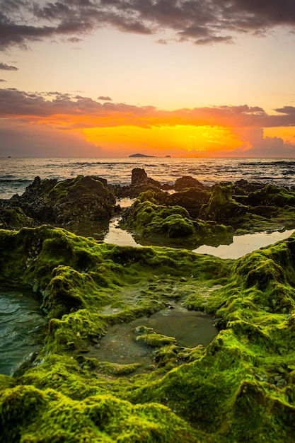 Sunset landscape on the beach rocks in foreground