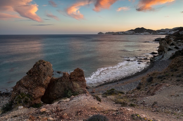 Sunset landscape in Cala Higuera San Jose Natural Park of Cabo de Gata Spain