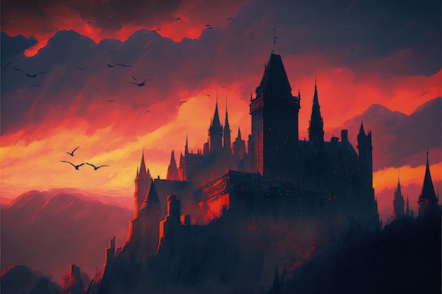 A sunset landscape displays a foreboding castle looming on the horizon Fantasy concept Illustration painting Generative AI