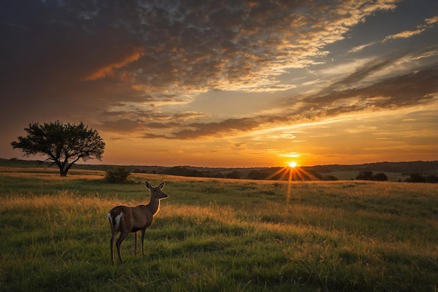 Sunset landscape with a deer