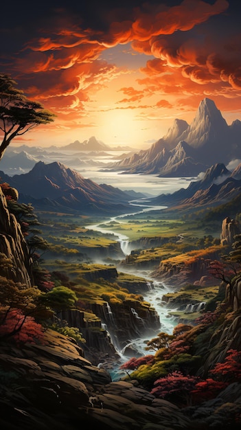 Sunset landscape with river and mountains