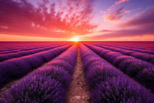 Sunset over a lavender field in bloom