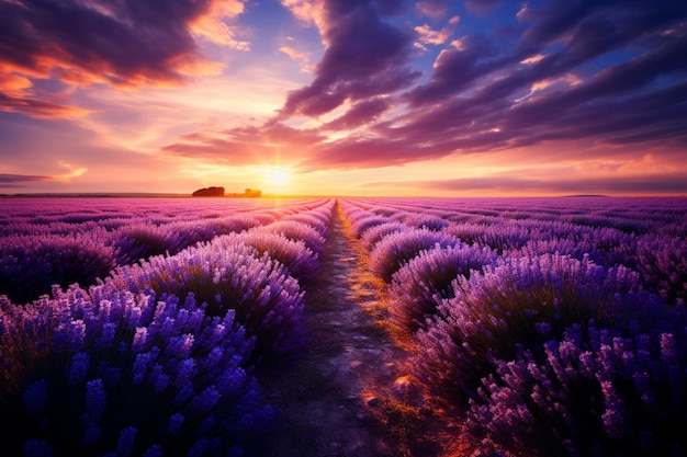 Sunset over a lavender field