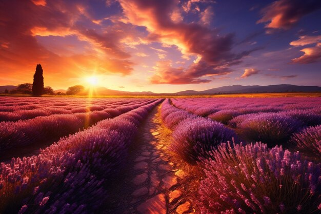 Sunset over a lavender field